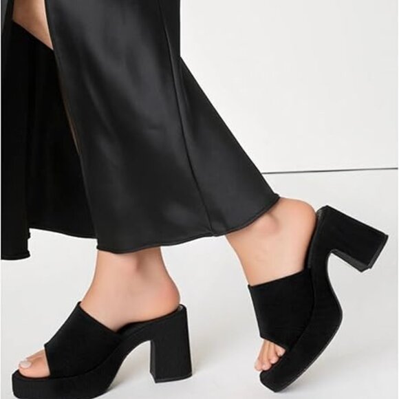 Women's Square Toe Heels Chunky Comfort High Heeled Slip On Sandals - Picture 2 of 6